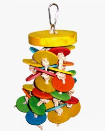 Happy Beaks Hanging Wood Wafers on Leather Bird Toy